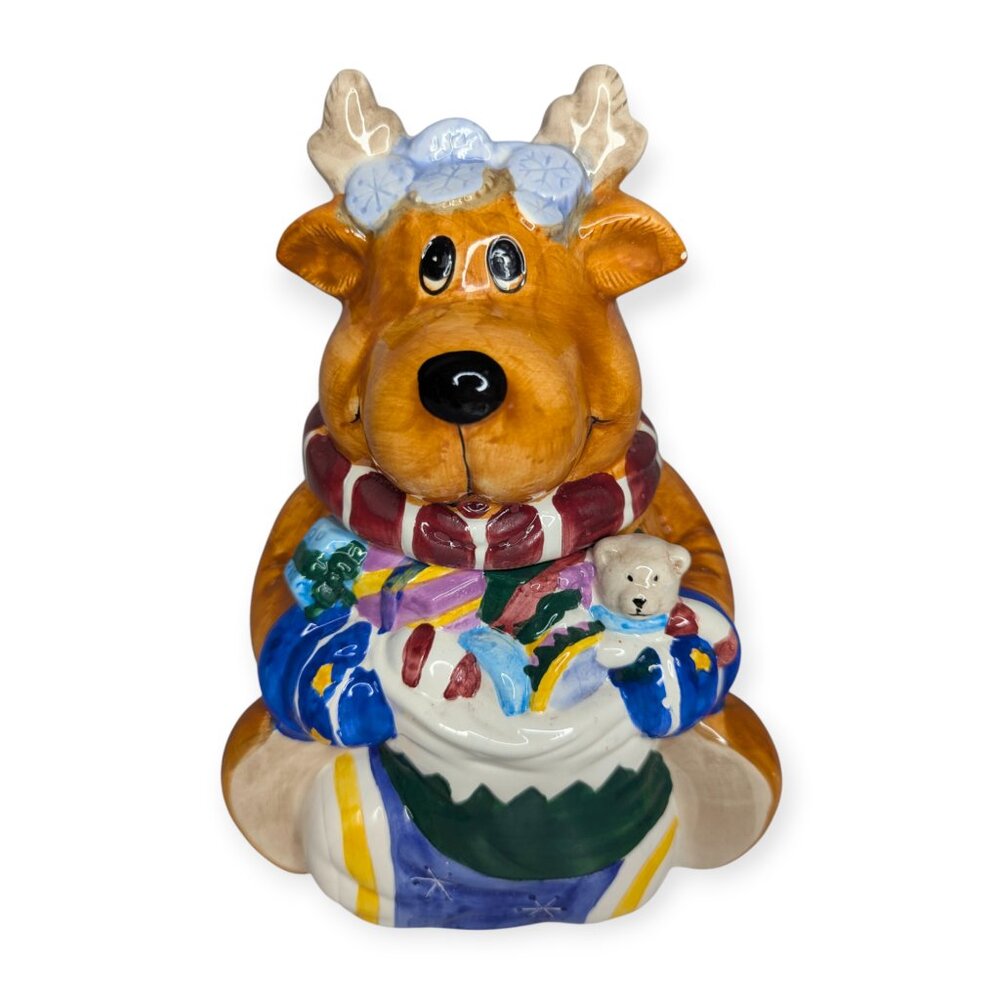Christmas Reindeer Colorful Ceramic Cookie Jar 9" Tall